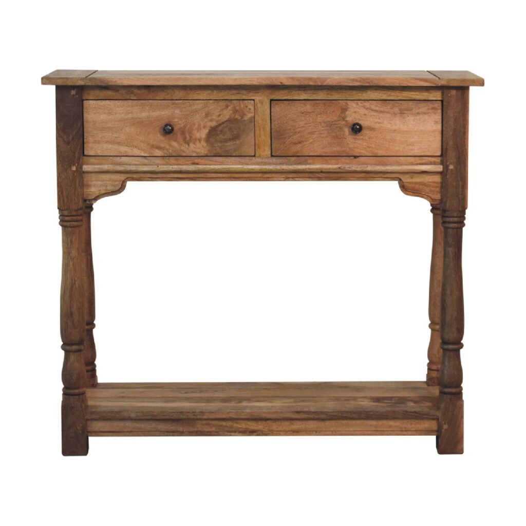 Solid Mango Wood Oak Finished Granary 2 Drawer Console Table