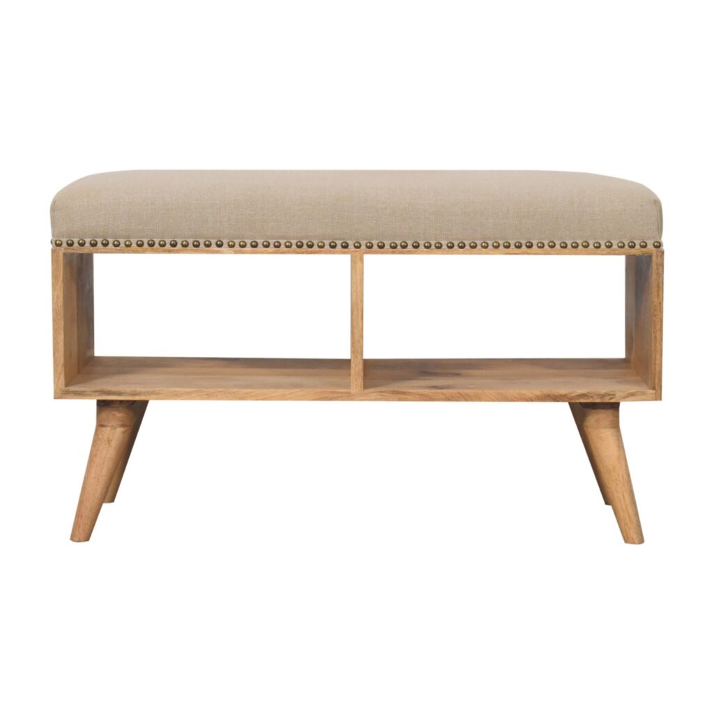 Solid Mango Wood Oak Finished Studded Linen Upholstered Open Bench
