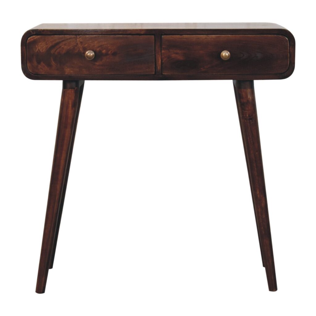 Solid Mango Wood Light California Walnut Finish 2 Drawer Curved Hallway Table