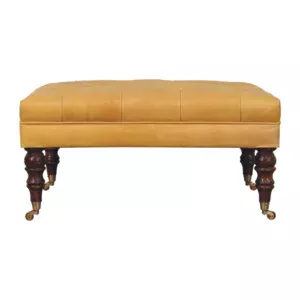 Solid Mango Wood Honey Caramel Finished and Buffalo Tan Leather Ottoman with Castor Legs