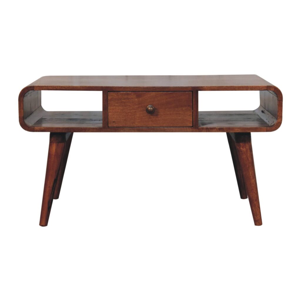Solid Mango Wood Honey Caramel Finished Curved 2 Drawer Coffee Table