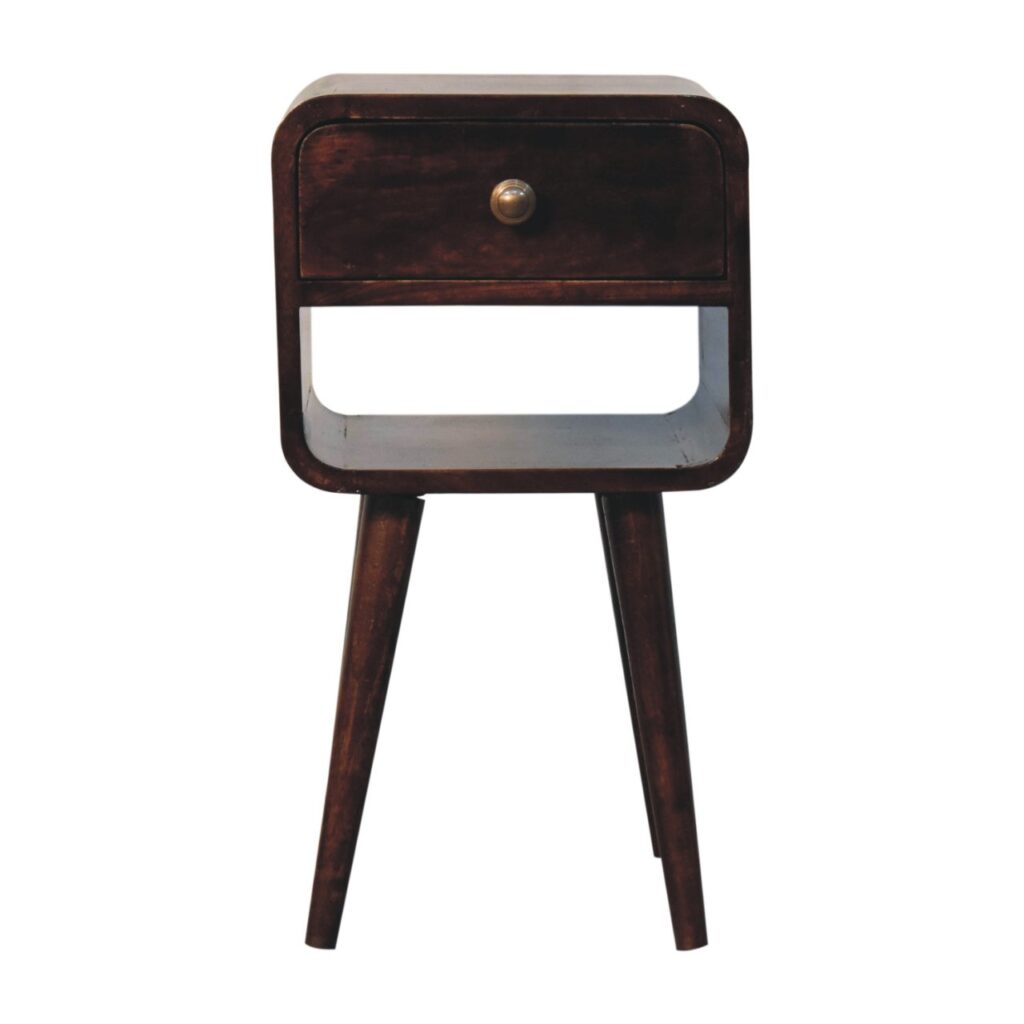 Solid Mango Wood California Walnut Finished 1 Drawer Mini Curved Bedside with Lower Slot