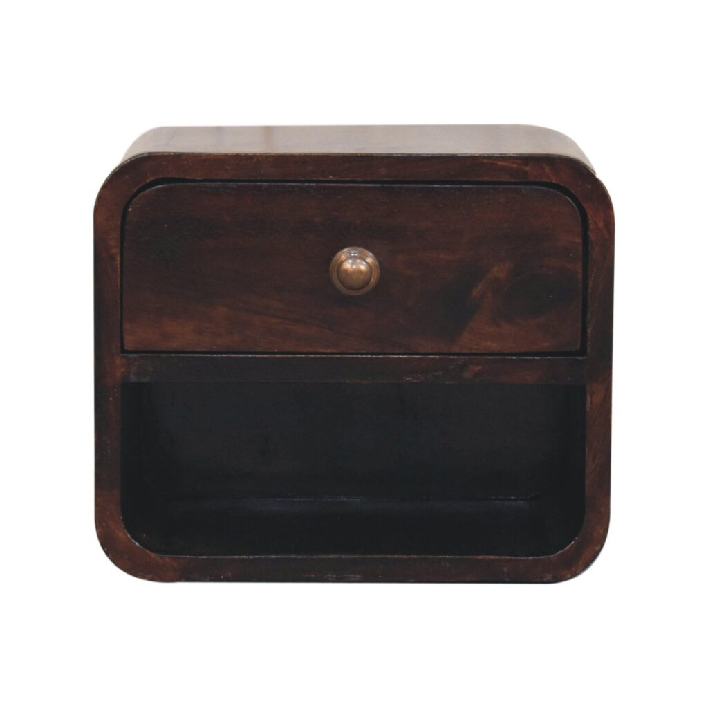 Solid Mango Wood California Walnut 1 Drawer 1 Slot Mini Curved Wall Mounted Bedside