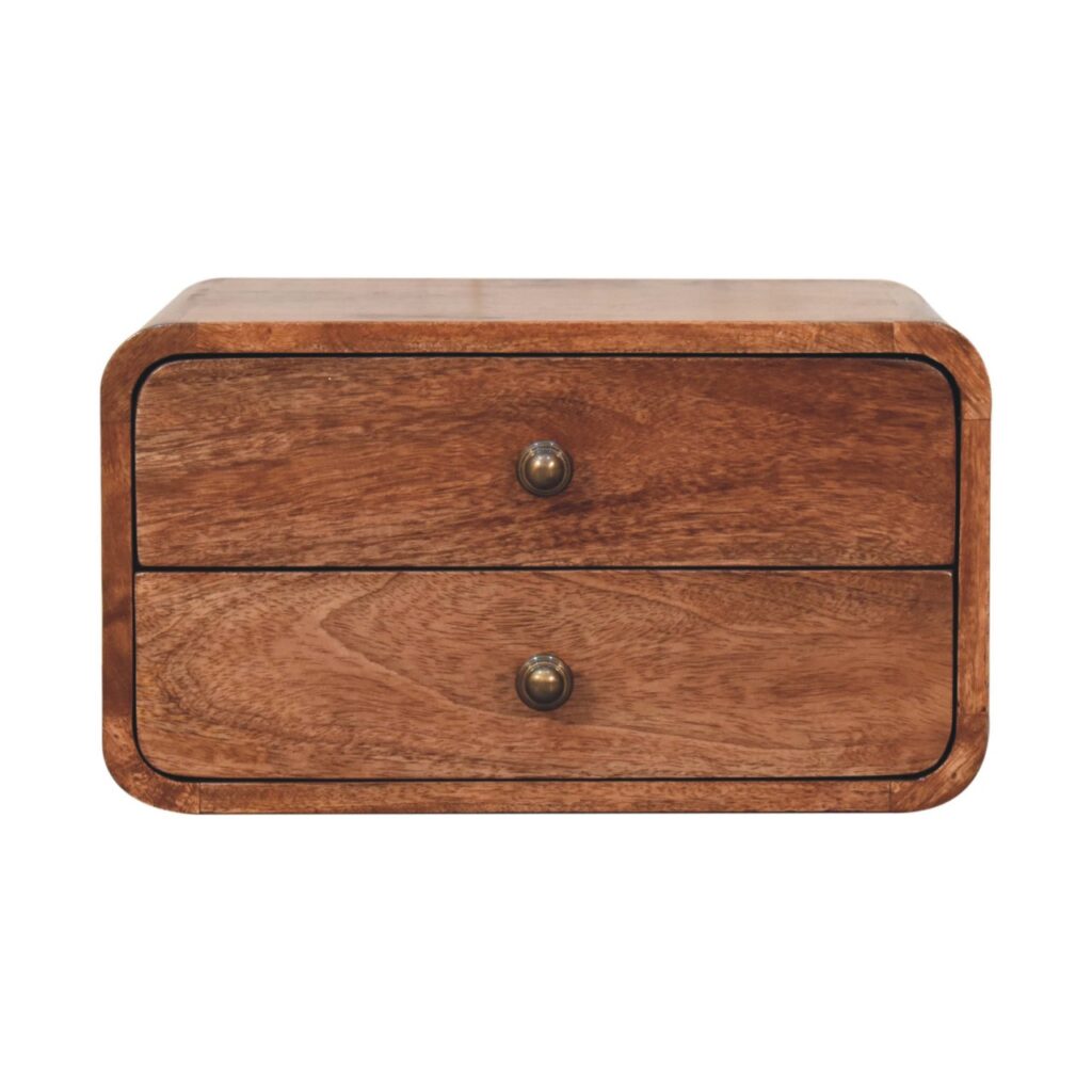 Solid Mango Wood Honey Caramel Finished 2 Drawer Floating Wall Mounted Bedside