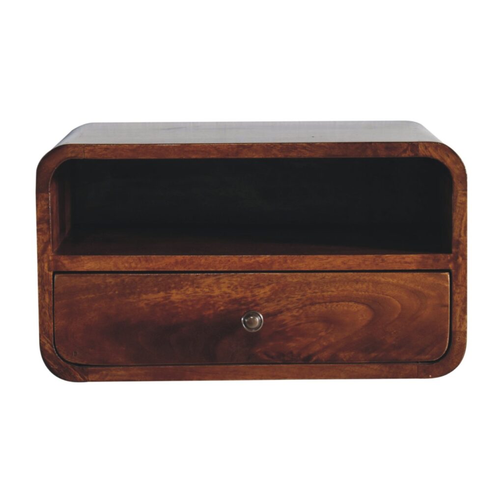 Solid Mango Wood Chestnut Finished 1 Drawer 1 Slot Large Curved Floating Bedside
