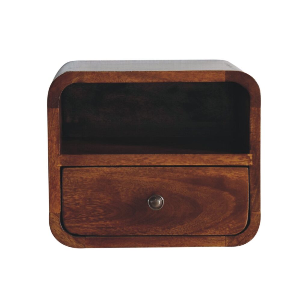 Solid Mango Wood Chestnut Finished 1 Drawer 1 Slot Extra Mini Wall Mounted Curved Bedside