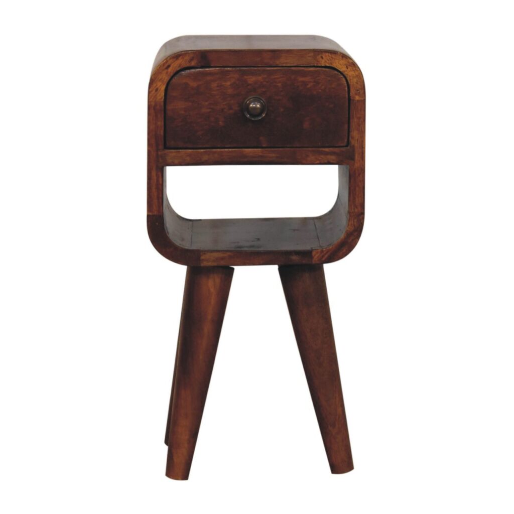 Solid Mango Wood Chestnut Finished 1 Drawer 1 Slot Extra Mini Curved Bedside