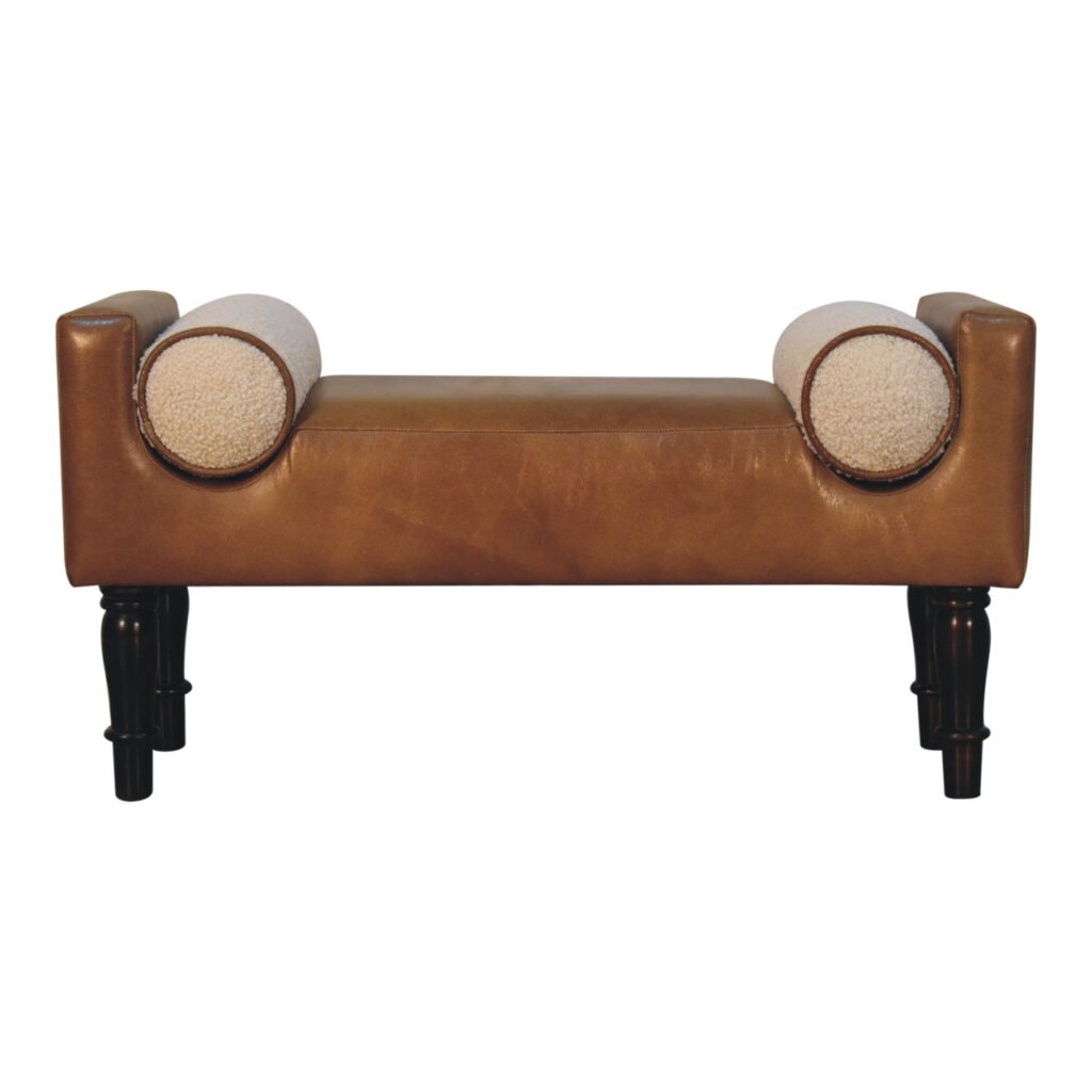 Solid Mango Wood Rich Walnut Finished Chester Leather Bench & 2 Boucle Cushions