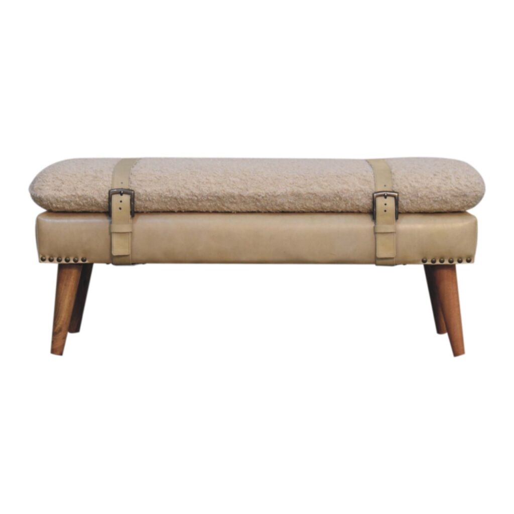 Solid Mango Wood Boucle & Beige Leather Finished Bench