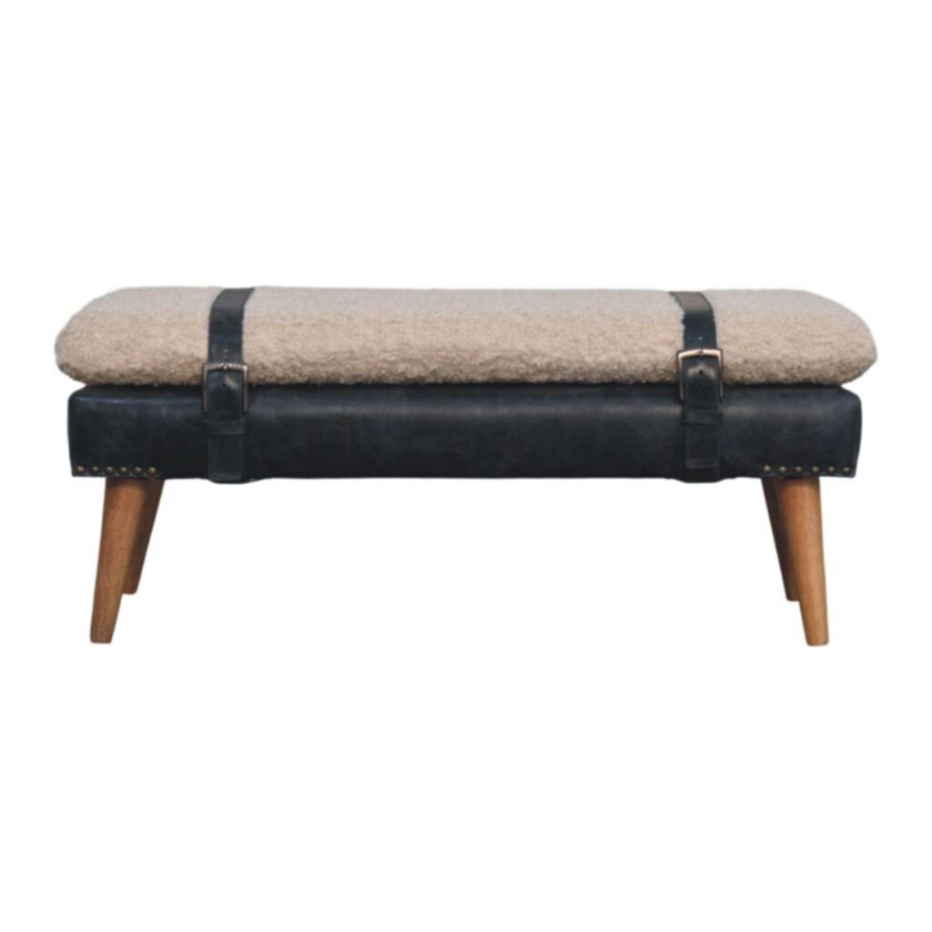Solid Mango Wood Boucle & Black Leather Finished Bench