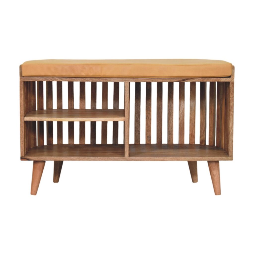 Solid Mango Wood Slatted Oak Finished Bench with 3 slots