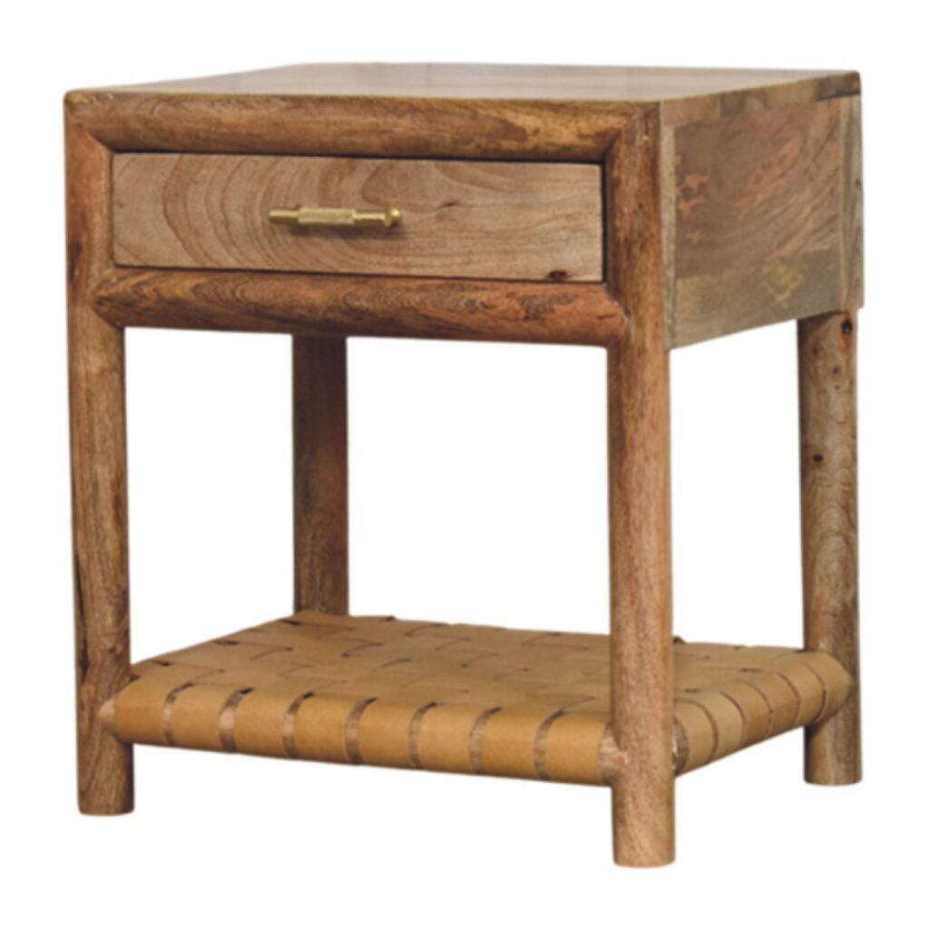 Solid Mango Wood Regency Oak Finished 1 Drawer Nightstand with Woven Shelf