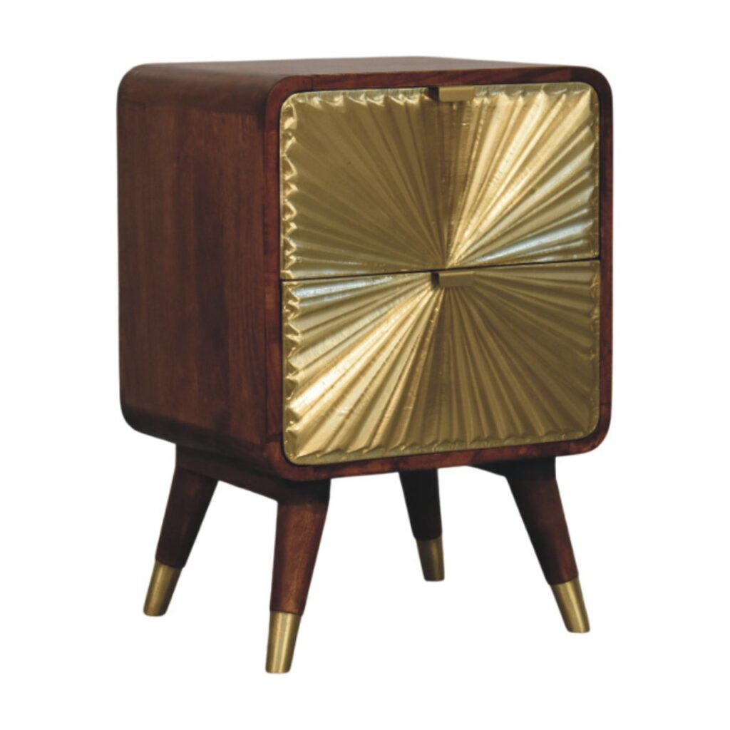 Solid Mango Wood Chestnut Finished Avora Sunburst Brass Embossed 2 Drawer Nightstand