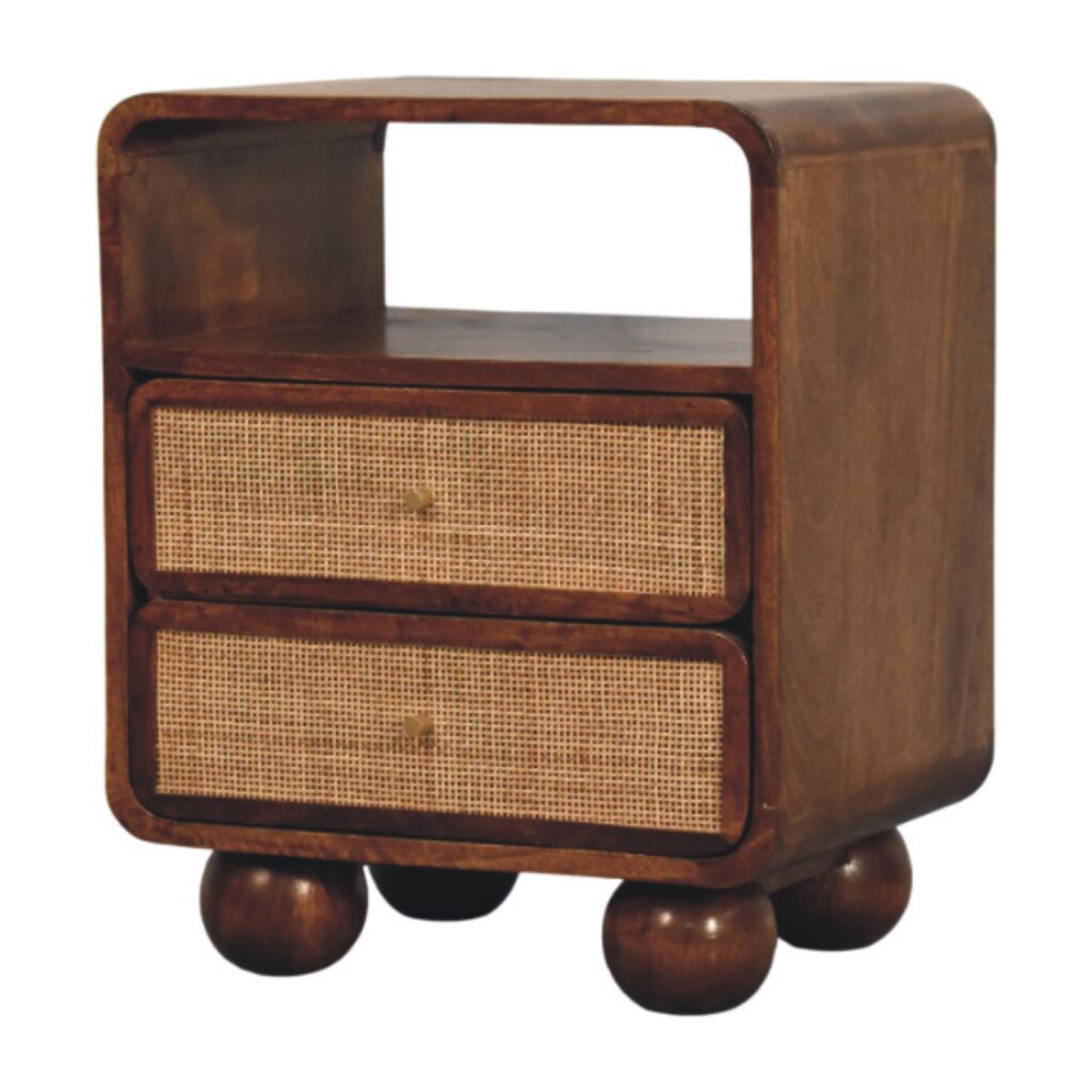 Solid Mango Wood Chestnut Finished Larissa 2 Drawer Rattan Fronted Nightstand