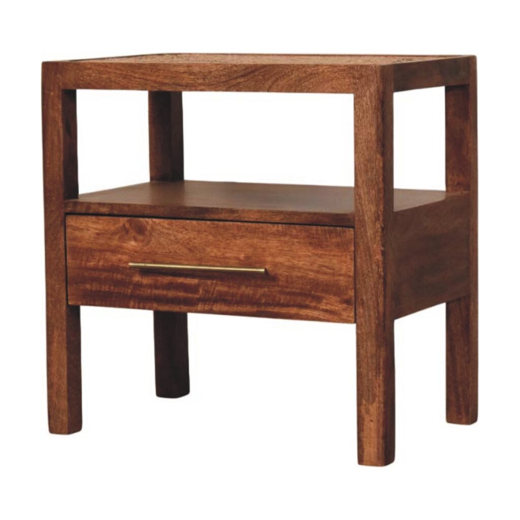 Solid Mango Wood Honey Caramel Finished 1 Drawer Saffron Rattan Nightstand