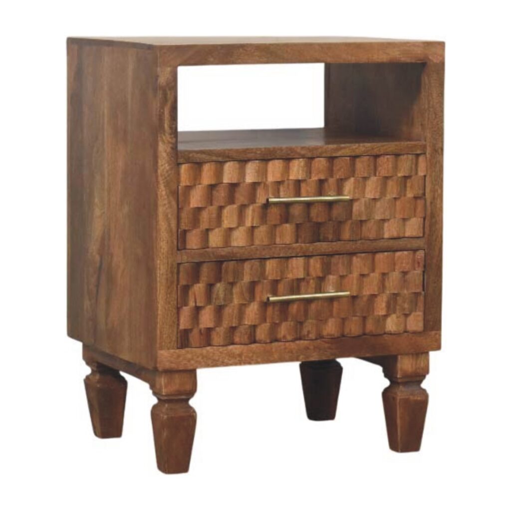 Solid Mango Wood Golden Teak Finished 2 Drawer Cadiz Carved Open Shelf Bedside