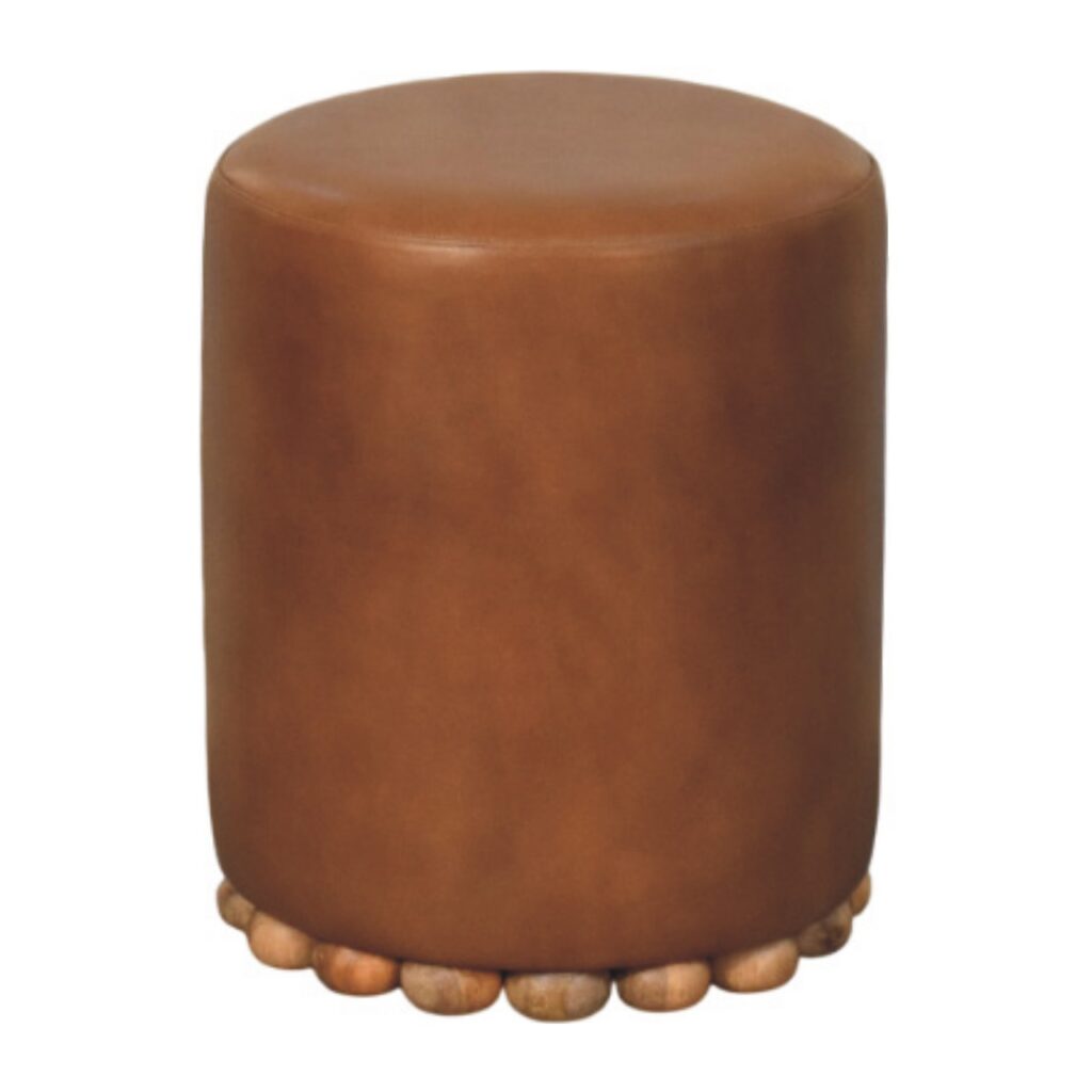 Solid Mango Wood Brown Leather Finished Bola Feet Stool