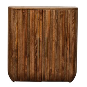 Solid Mango Wood Golden Teak Finished 2 Door Fluted Curve Cabinet