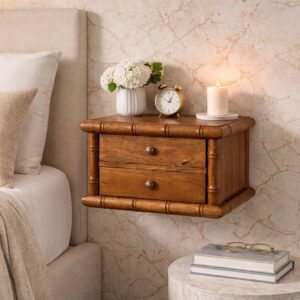 Solid Mango Wood Amber Oak Finished 2 Drawer Bamboo Bedside