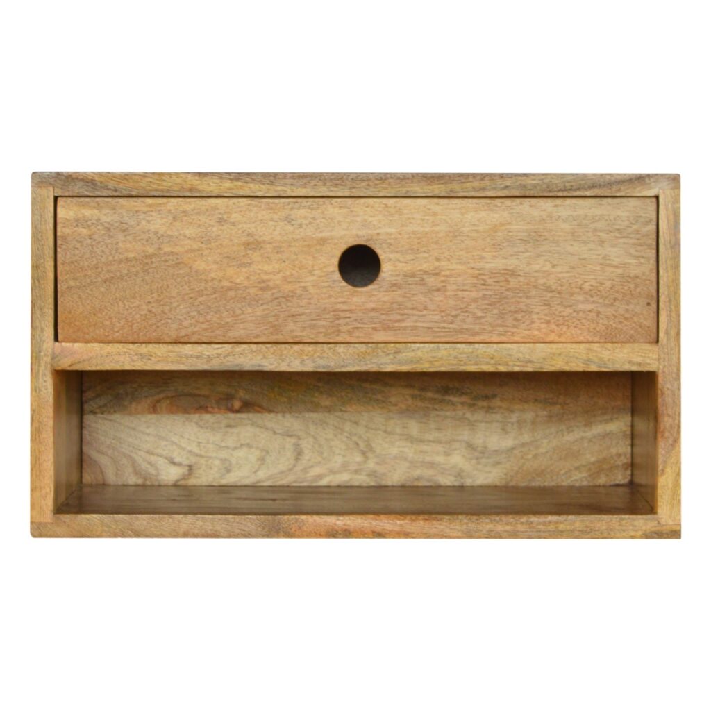 Solid Mango Wood Oak Finished 1 Drawer 1 Slot Wall Mounted Bedside