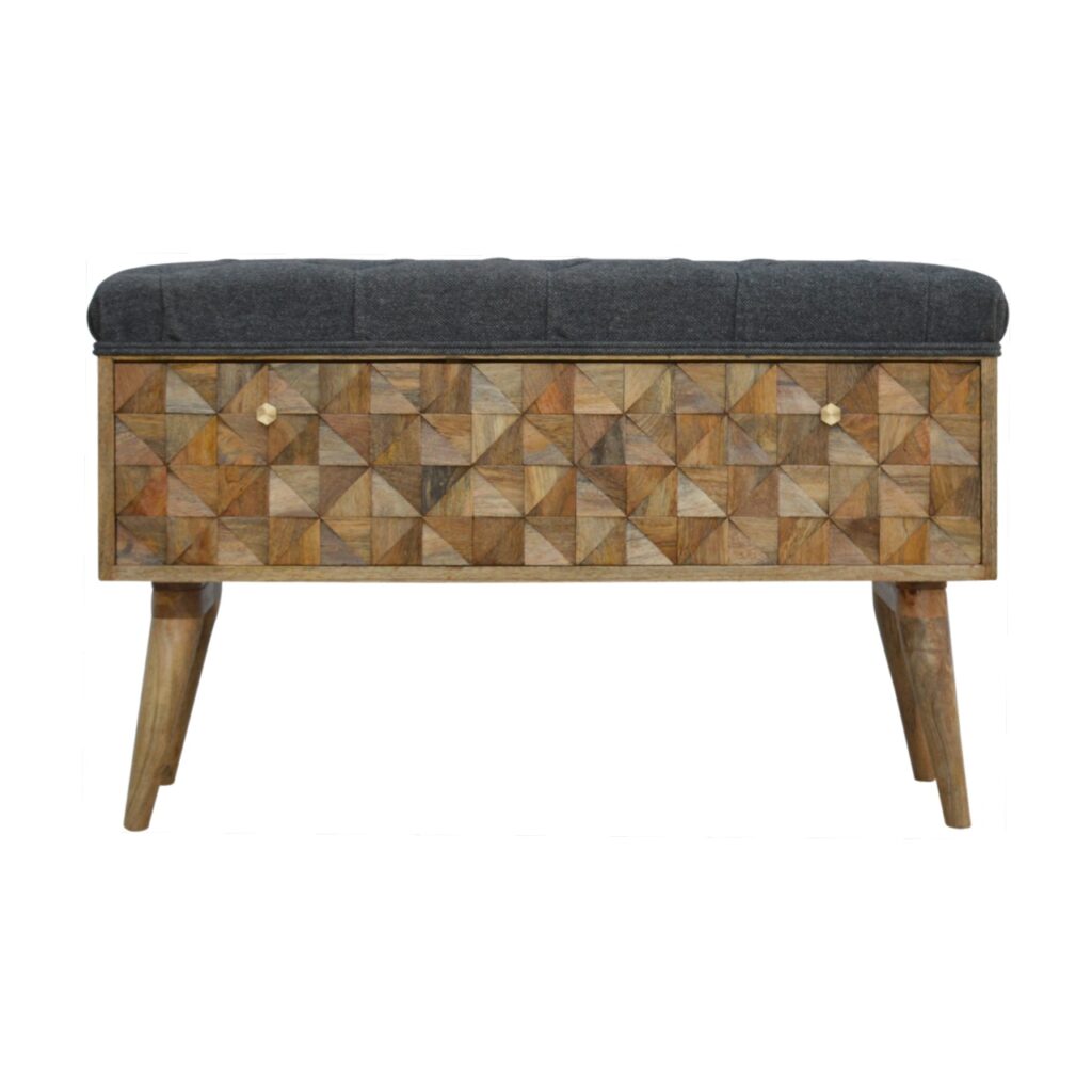 Solid Mango Wood Oak Finished Upholstered in Grey Tweed with Diamond Patterned Bench