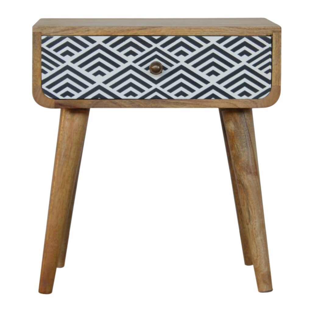 Solid Mango Wood Oak Finished 1 Drawer Hand Painted Monochrome Print Bedside