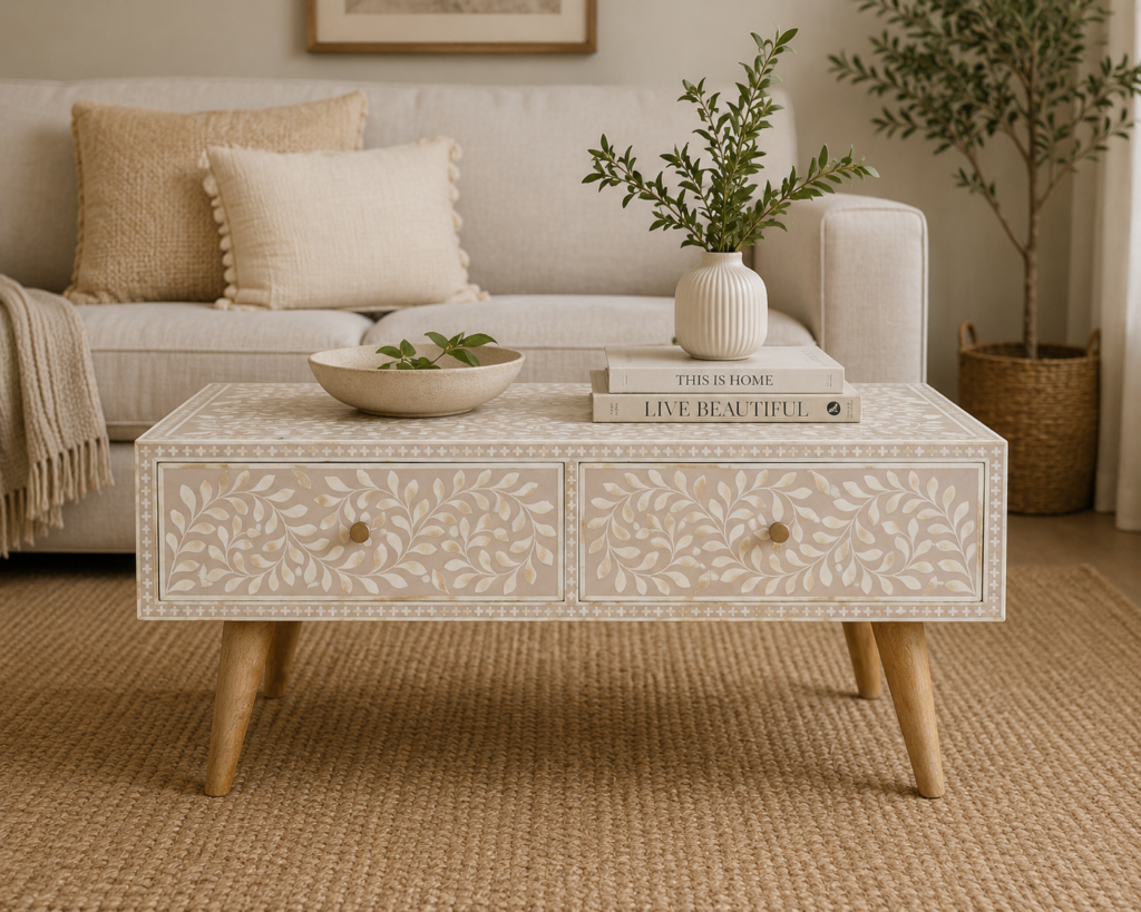 Solid Mango Wood Oak Finished 4 Drawer Hand Painted Taupe Floral Bone Coffee Table