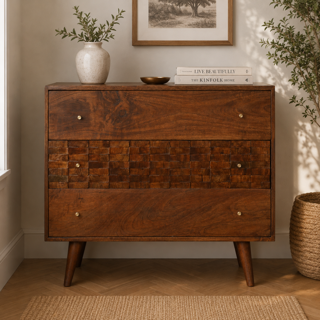 Solid Mango Wood Chestnut Finished 3 Drawer Tiled Chest of Drawers