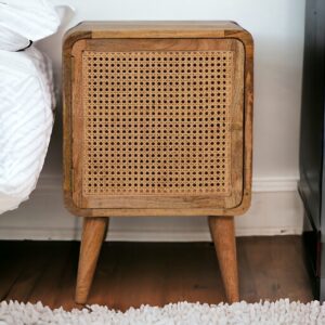 Solid Mango Wood Oak Finished with Rattan Woven Door Bedside