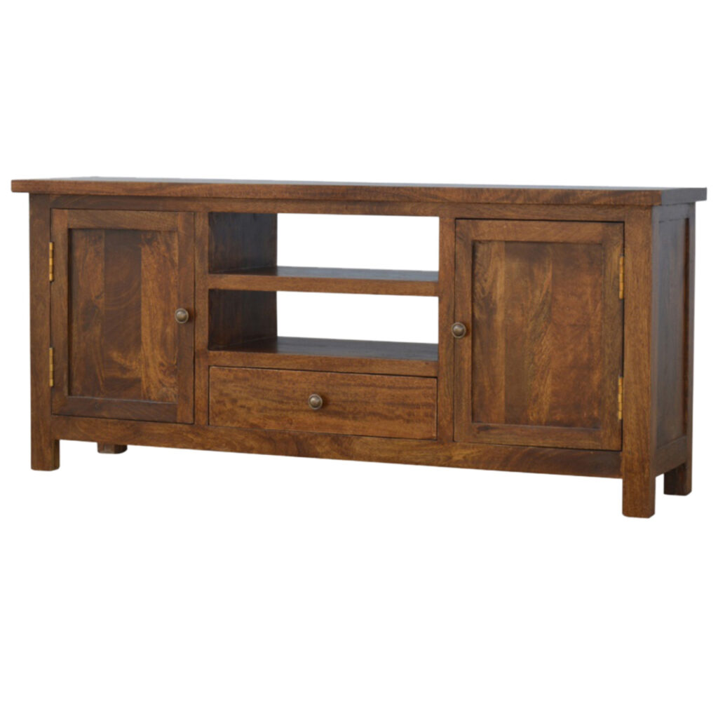 Solid Mango Wood Chestnut Finished 2 Slots 1 Drawer 2 Cupboards Media Unit