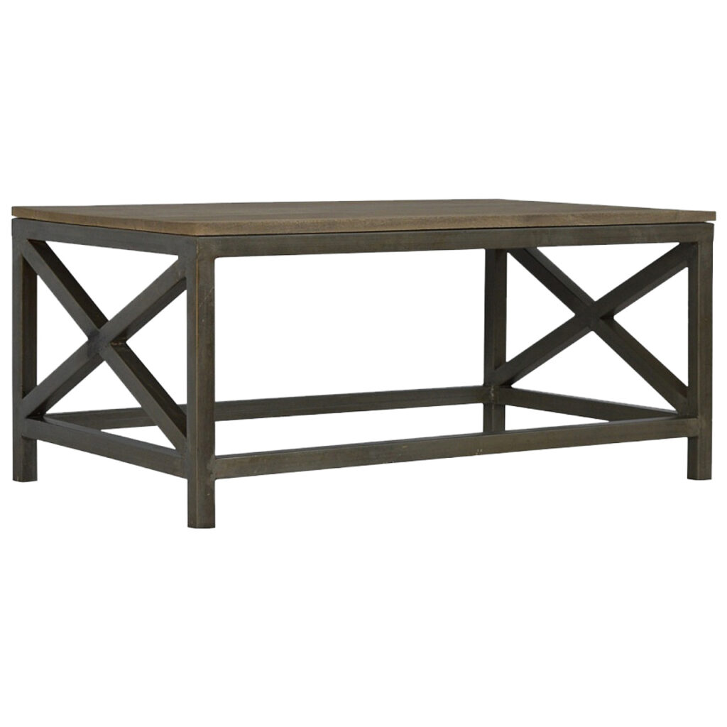 Solid Mango Wood Sandblasted Oatmeal Top Pewter Finished Industrial Metal Legs Coffee Table