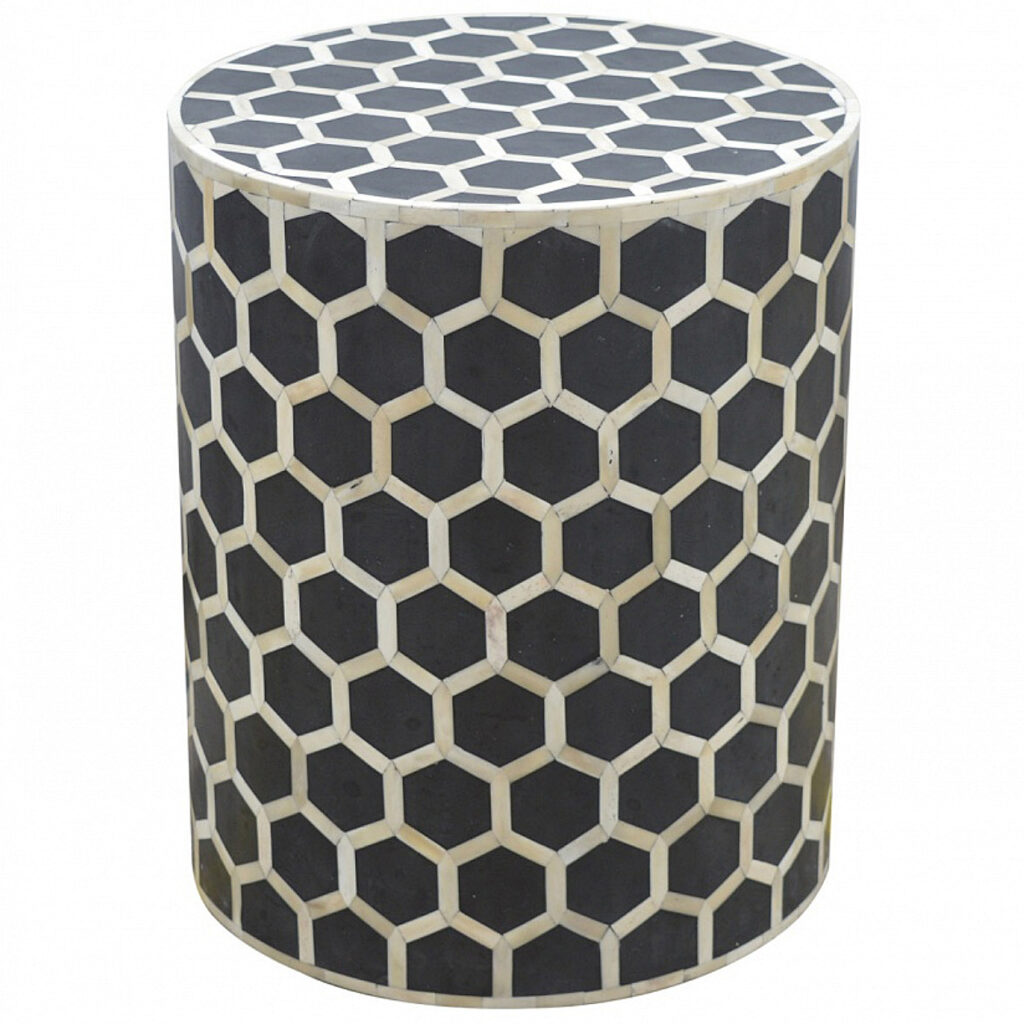Solid Mango Wood Carbon Black & Bone Inlay Cylindrical Stool