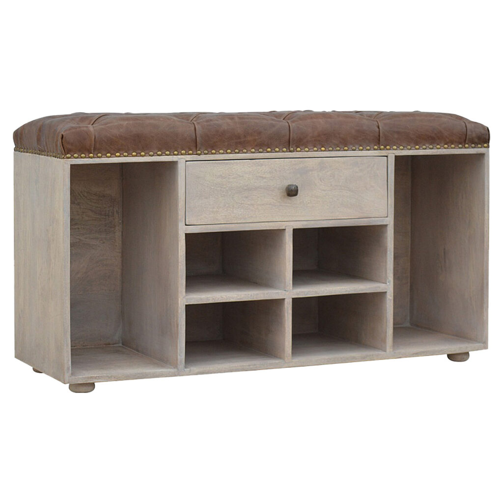 Solid Mango Wood Oak Finished 4 Slot Leather Upholstered Shoe Cupboard