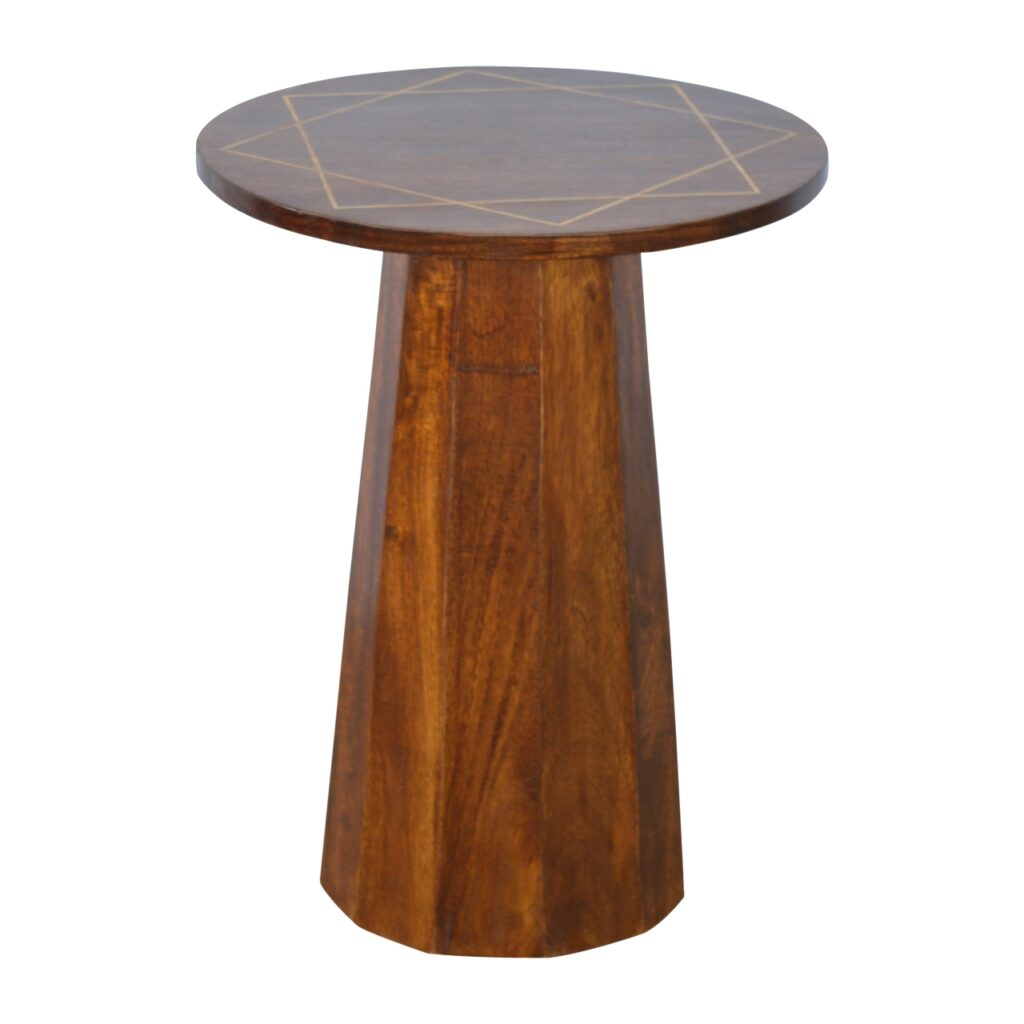 Solid Mango Wood Chestnut Finished Geometric Gold Wire Print Brass Inlay End Table