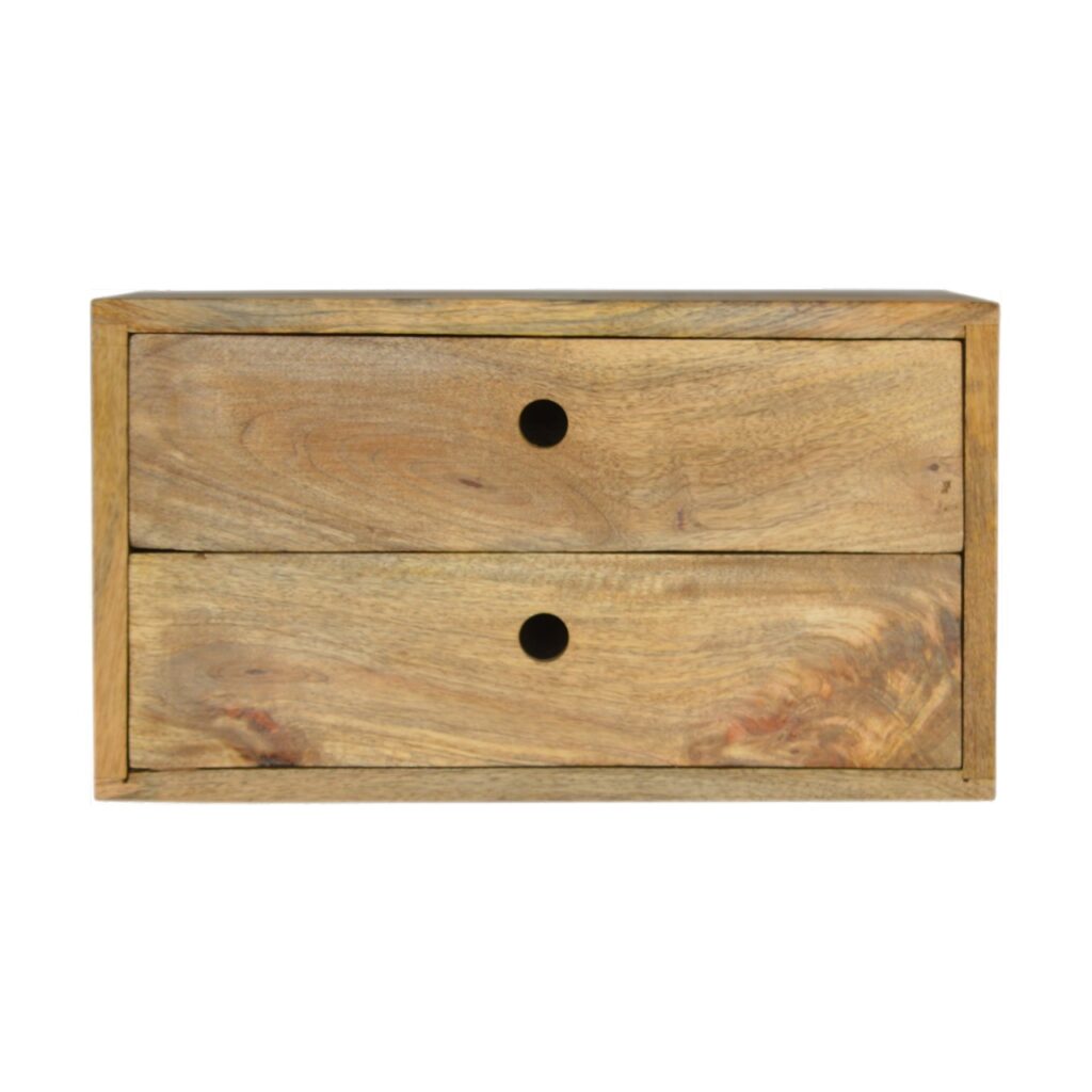 Solid Mango Wood Oak Finished 2 Drawer Wall Mounted Bedside