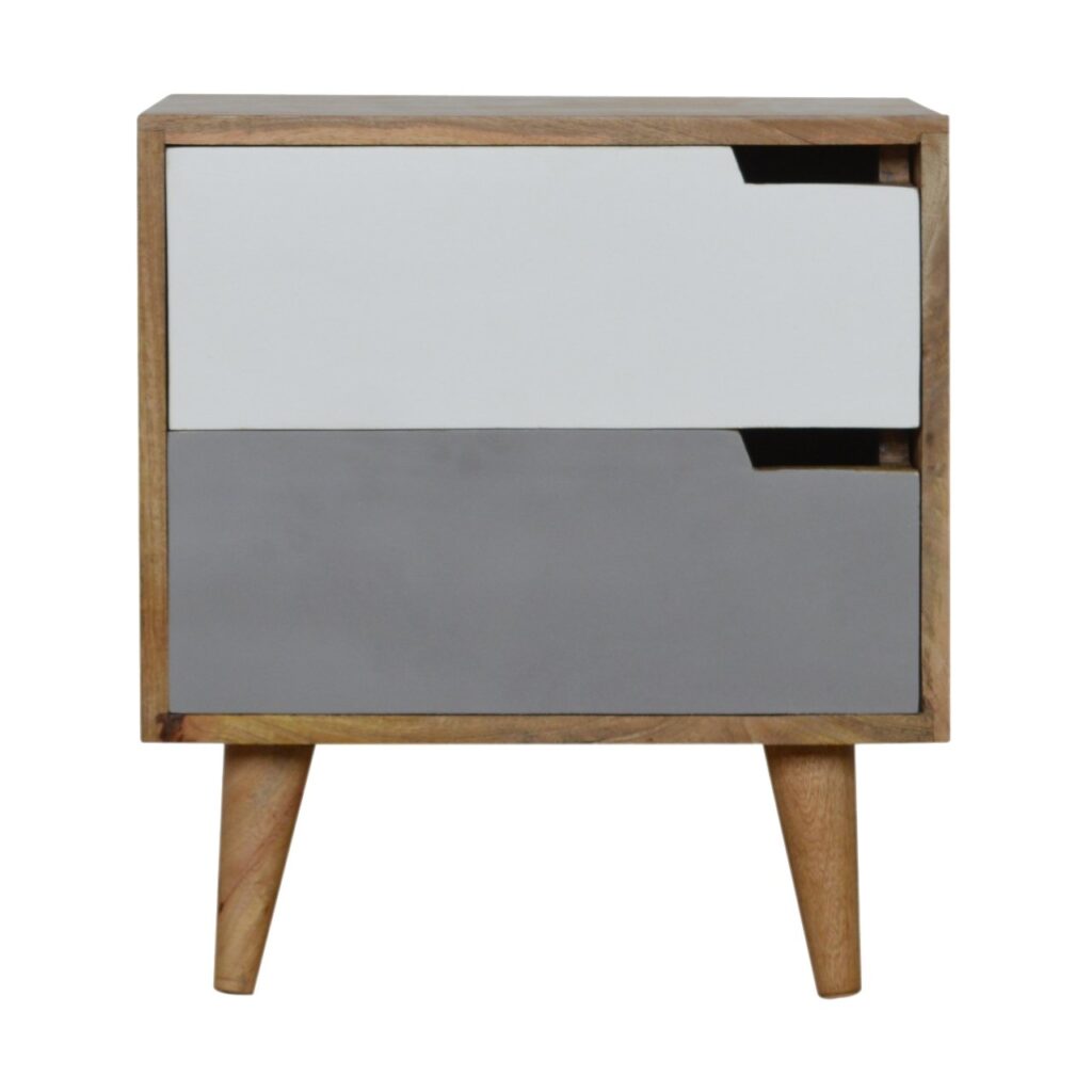 Solid Mango Wood Oak Finished 2 Drawer Hand Painted Grey and White Cut-Out Bedside
