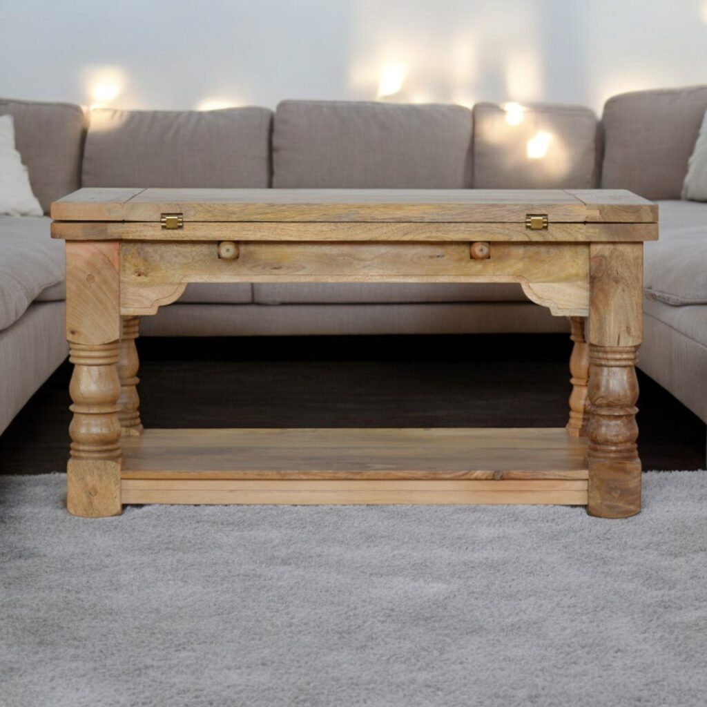 Solid Mango Wood Oak Finished Extending Trilogy Coffee Table