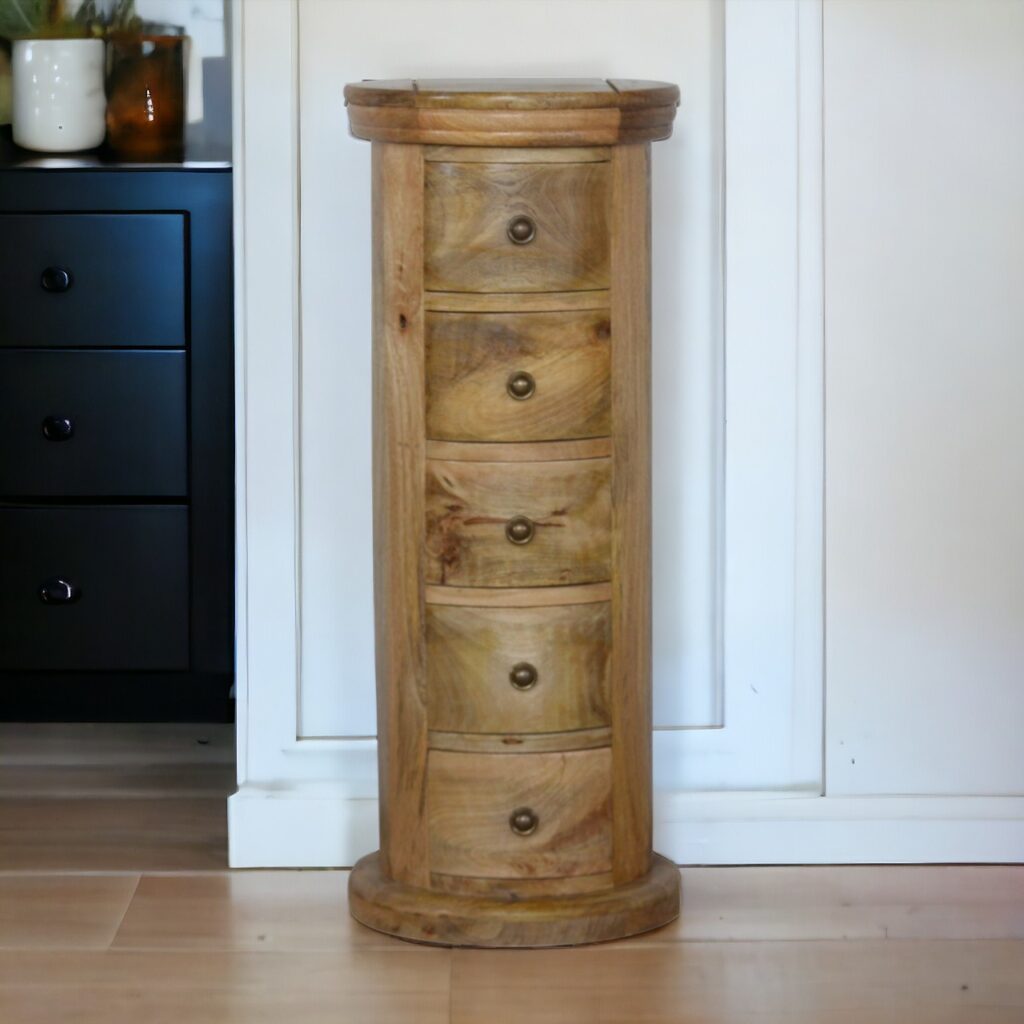 Solid Mango Wood Oak Finished Five Drawer Drum Chest