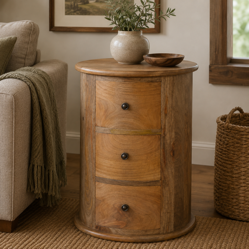 Solid Mango Wood Oak Finished 3 Drawer Drum Chest