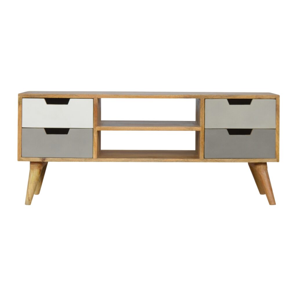 Solid Mango Wood Oak Finished Hand Painted 4 Drawer Media Unit
