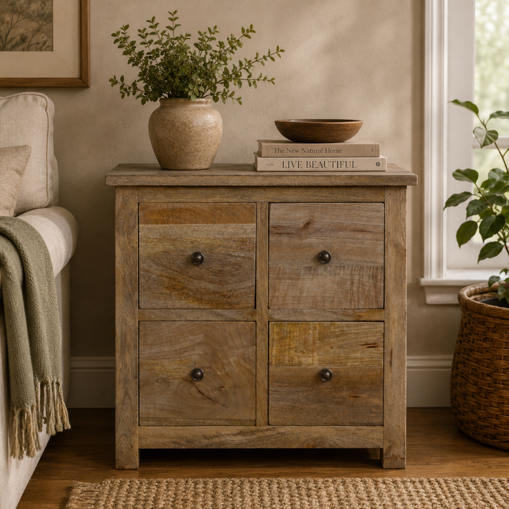 Solid Mango Wood Oak Finished Four Door Mini Cabinet