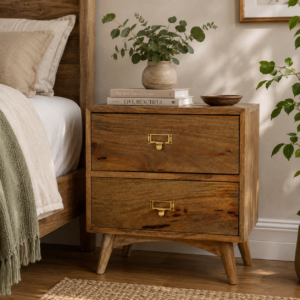 Solid Mango Wood Oak Finished 2 Drawer Scandinavian Style Cabinet