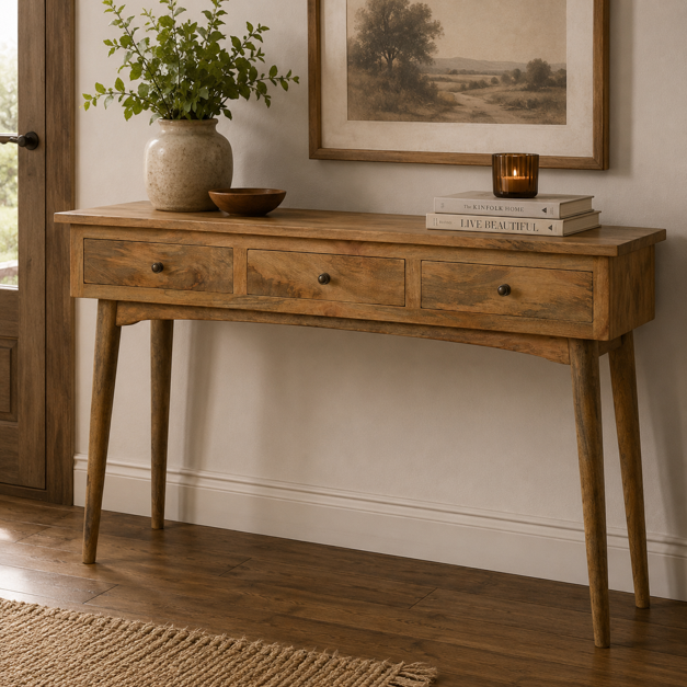 Solid Mango Wood Oak Finished 3 Drawer Large Console