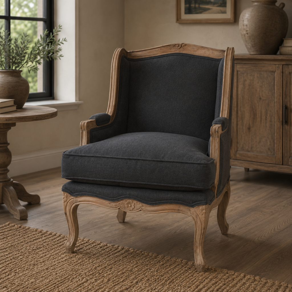 Solid Mango Wood Sun Bleached Finished Ink Upholstered Chair