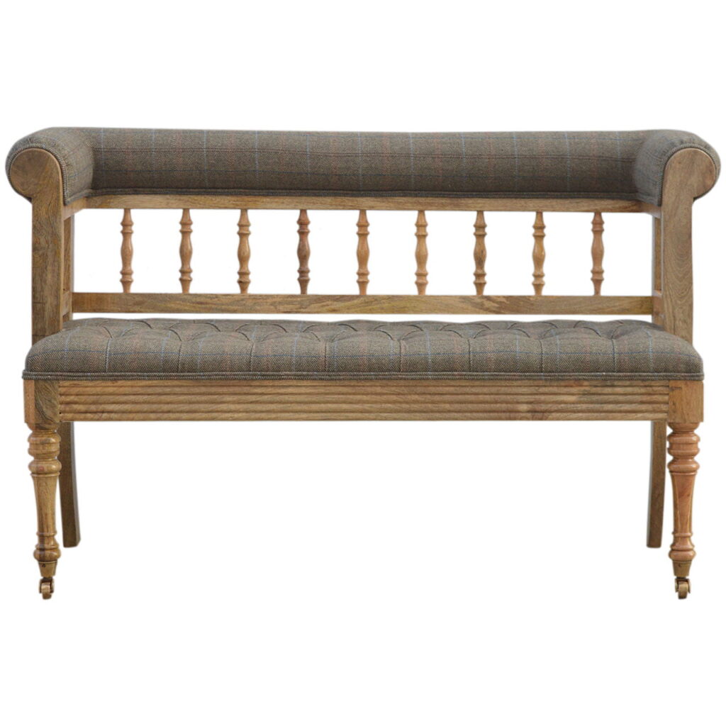 Solid Mango Wood Oak Finished Carved Upholstered Check Tweed Bench