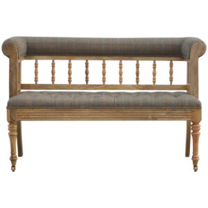 Solid Mango Wood Oak Finished Carved Upholstered Check Tweed Bench