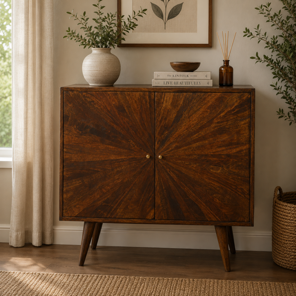 Solid Mango Wood Chestnut Finished 2 Door Sunrise Cabinet