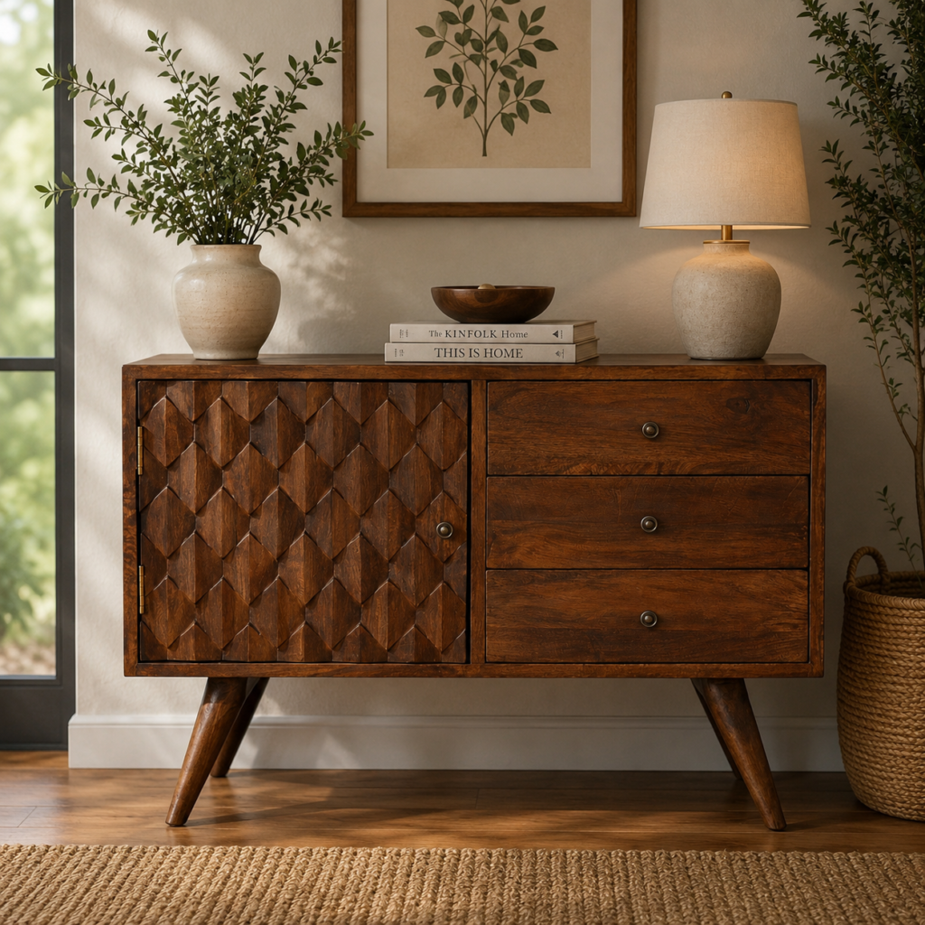 Solid Mango Carved Chestnut Finished 3 Drawer 1 Cupboard Storage Cabinet/Sideboard