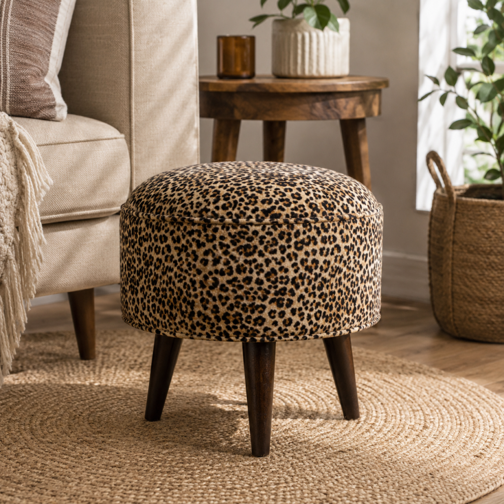 Solid Mango Wood Walnut Finished Cotton Velvet Leopard Print Footstool
