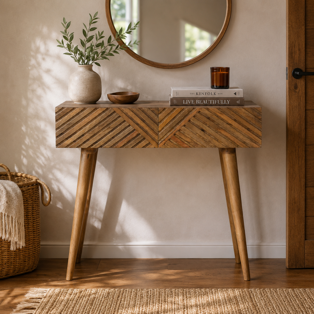 Solid Mango Wood Oak Finished 2 Drawer Line Patterned Desk